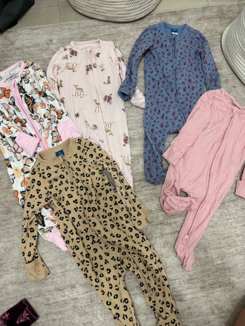 Assorted Baby One-Piece Sleepers - Pink, Blue, Tan Prints